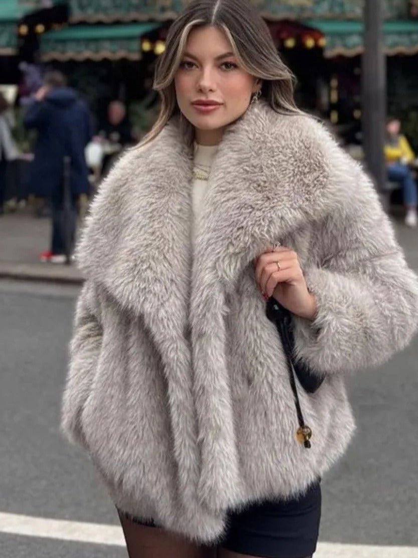 Manteau Hiver en Peluche Épais et Doux à Revers, Veste Longue Décontractée à Manches Longues pour Femmes