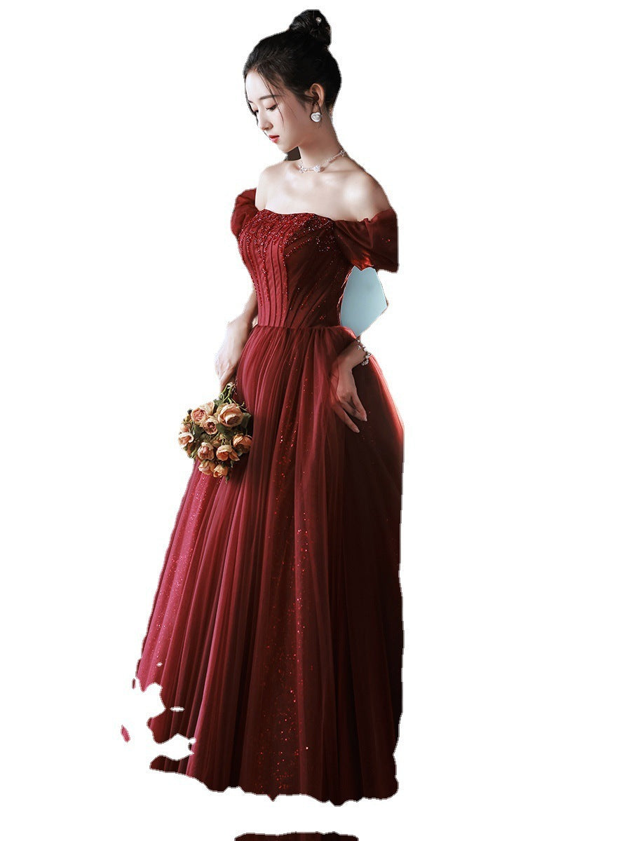 High-end Luxury Small Number Wine Red, One-shoulder Engagement Dress