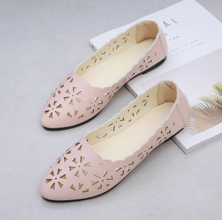 Chaussures plates nues à bout pointu et fleurs évidées pour femmes