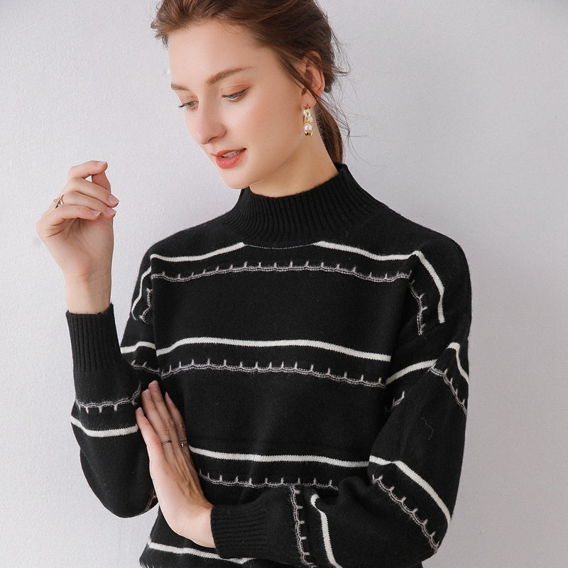 Wool Colorblock Half High Round Neck Turtleneck Sweater
