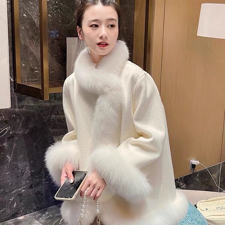 Manteau mi-long en fausse fourrure pour femme avec col en fourrure