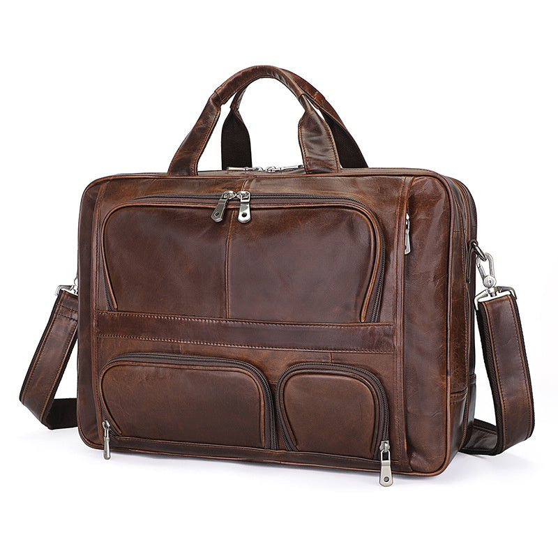 Men's Trendy Light Brown Wax Leather Shoulder Bag 43cm Large Waterproof