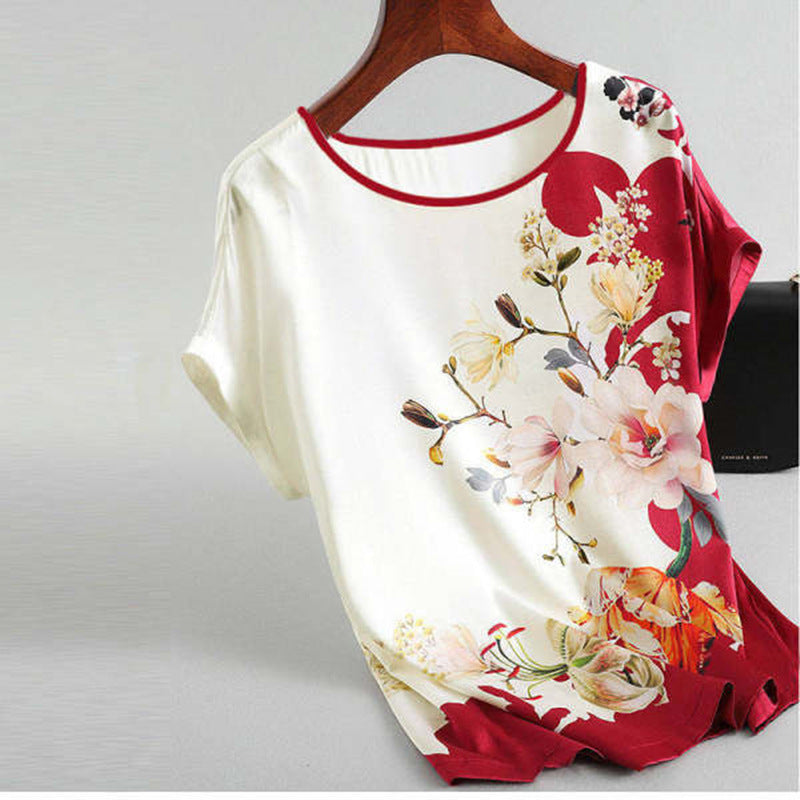 Ice Silk Printed Floral Chiffon Shirt for Women