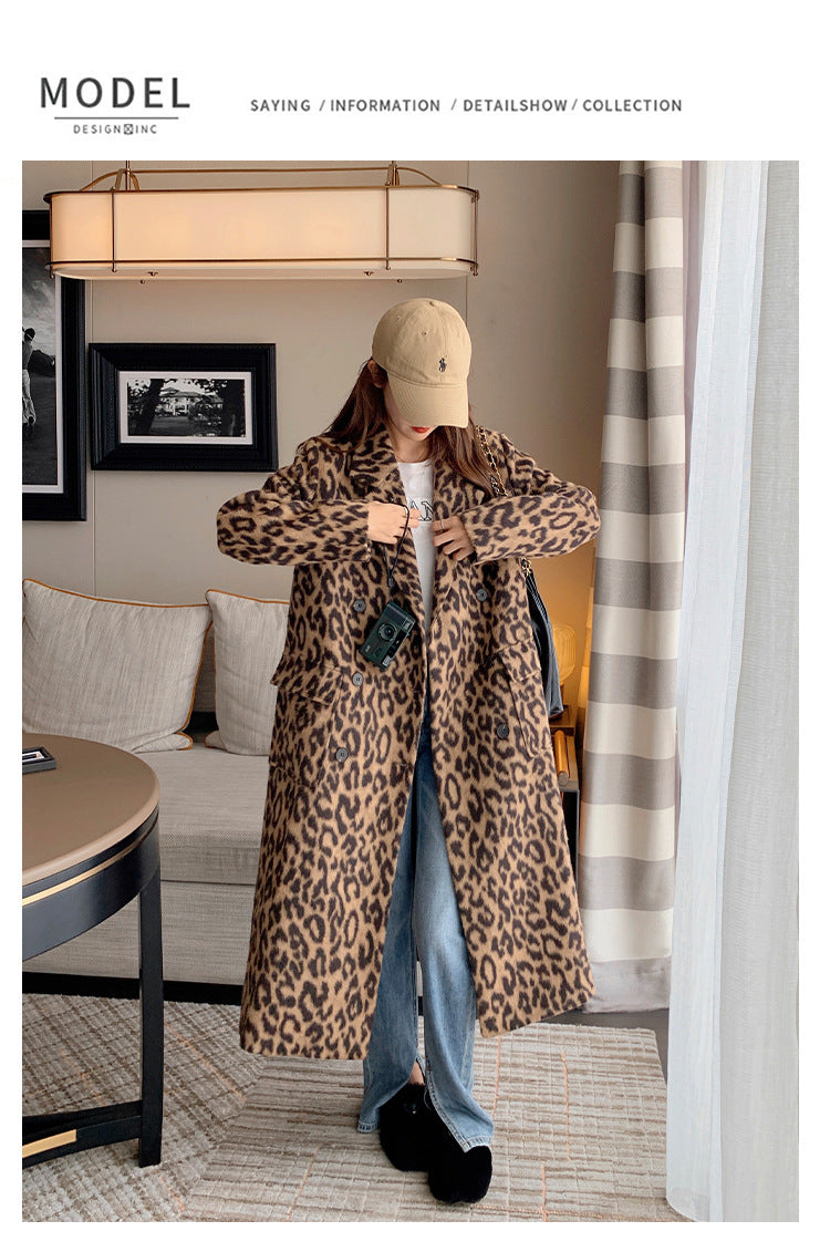 Women's Long Winter Leopard Print Woolen Coat