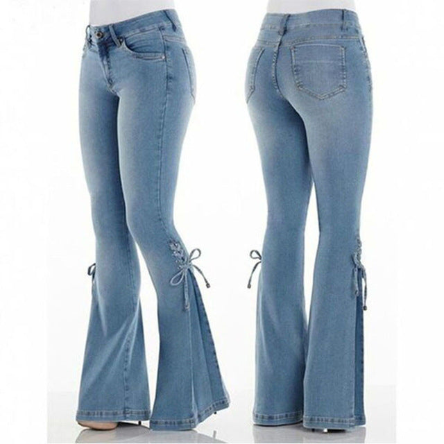 Wide-Leg Flared Jeans Polyester Slim Pants