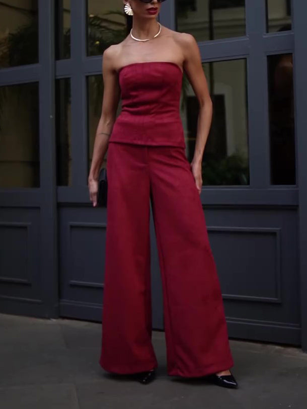 Burgundy Polyester Tube Top & High Waist Pants Set
