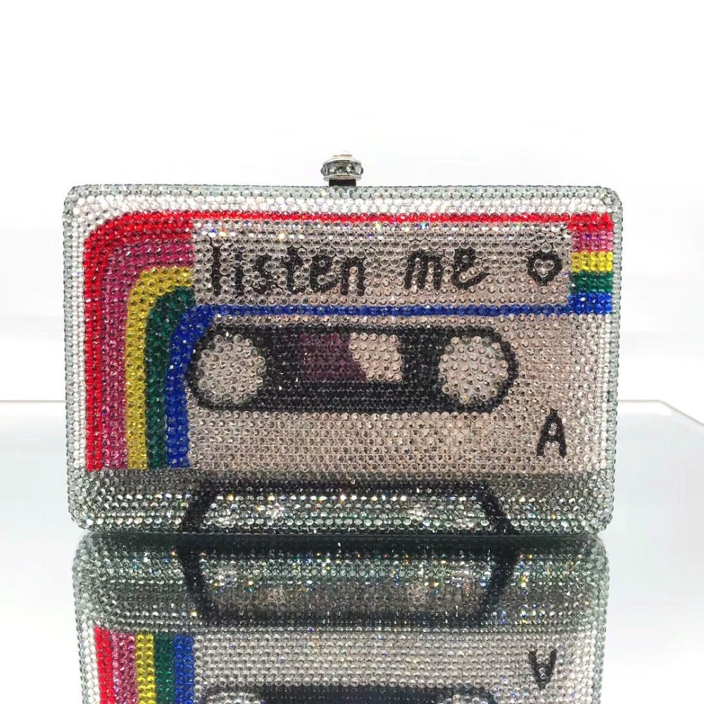 Cassette Tape Crystal Evening Clutch Bag with Chain 16.5cm