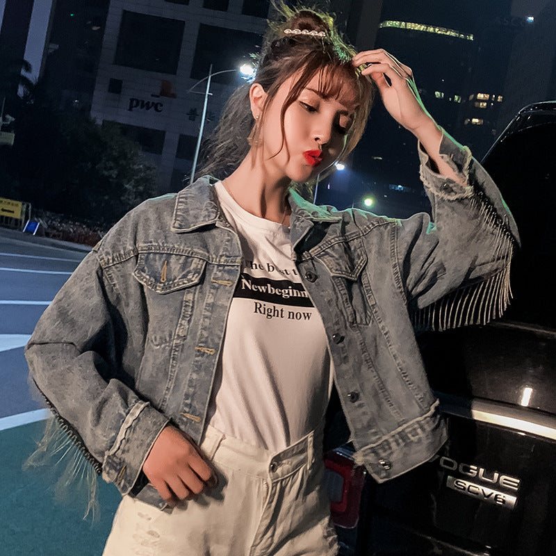 Printed beaded denim jacket