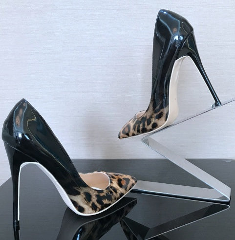 Leopard Color Matching Pointed Toe Shallow Mouth High Heels 12CM PU