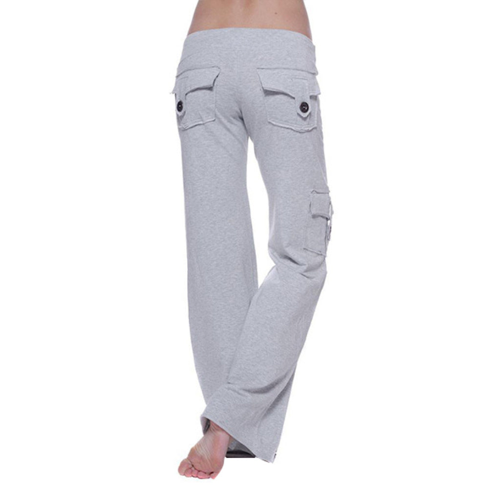 Women's High Waist Flared Cotton Pants with Multiple Pockets