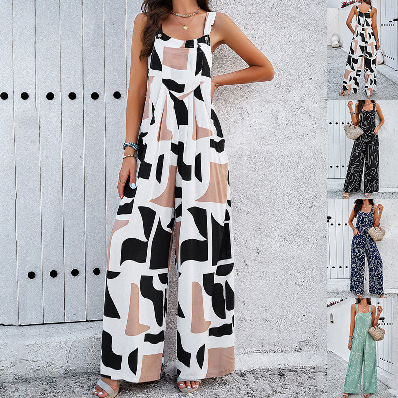 Combinaison ample à imprimé mode et col carré avec poches pour femme printemps-été