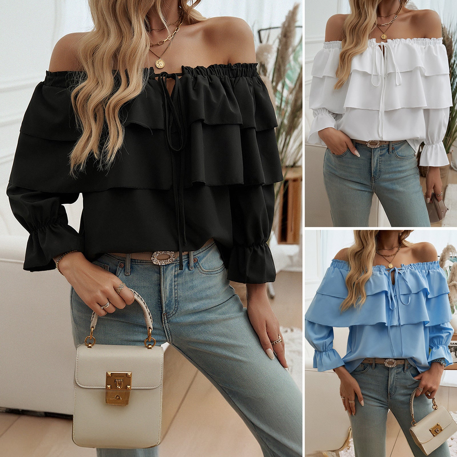 Off-Shoulder Bishop Sleeve Top in Light Blue, Black & White, Sizes S-XL