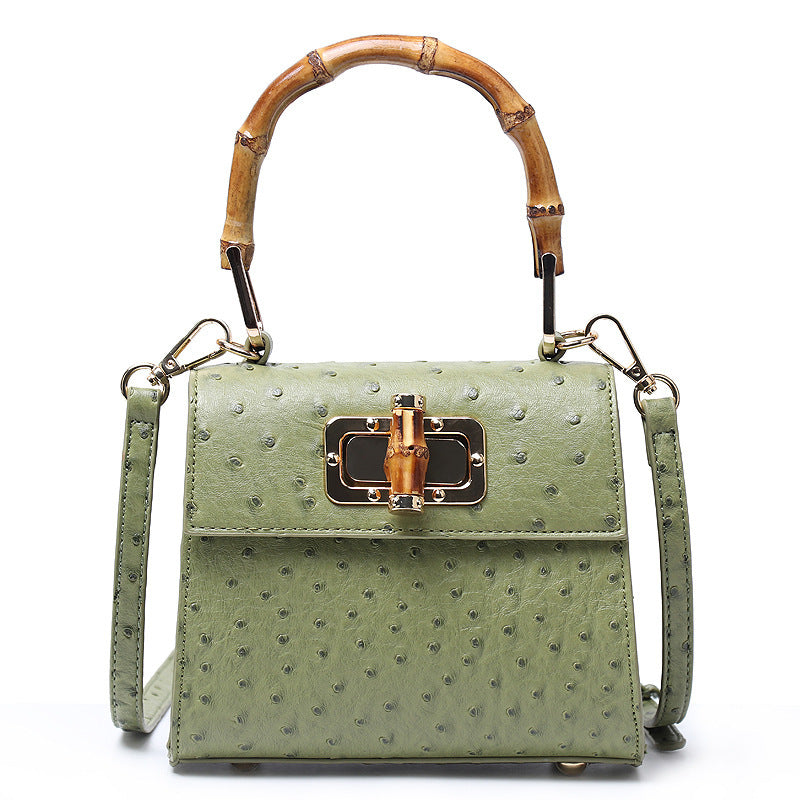 Trapezoid Bamboo PU Handbag with Lock – Portable Crossbody Shoulder Bag 18x8.5x16x11.5cm