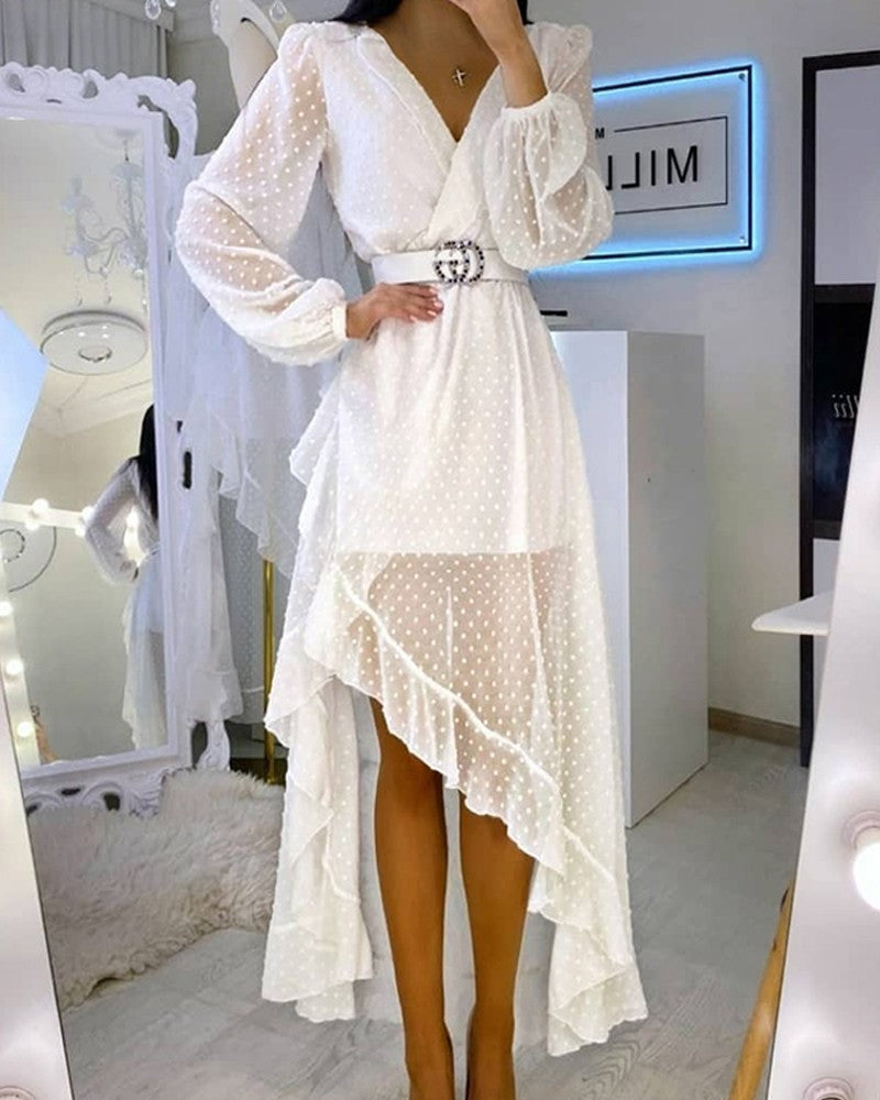 Elegant Polka Dot V-Neck Dress with Waist Detail