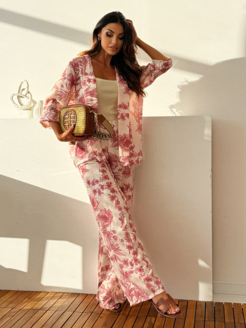 Women's Printed Chenille Long-Sleeve Top and Pants Set in Red & Blue
