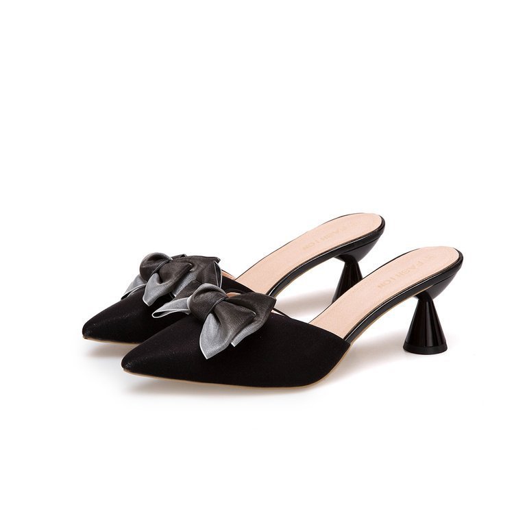 Pointed-Toe Bowknot Mid Heel Sandals for Women in Black, Pink & Beige