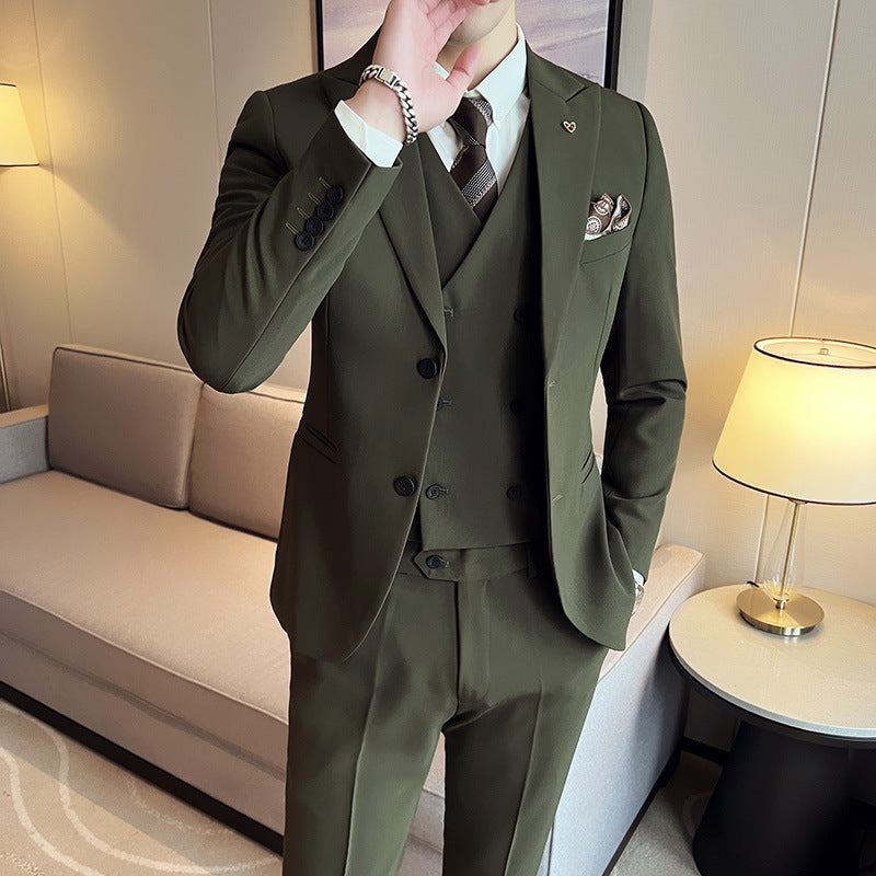 Costume trois pièces coupe slim à double boucle et couleur unie