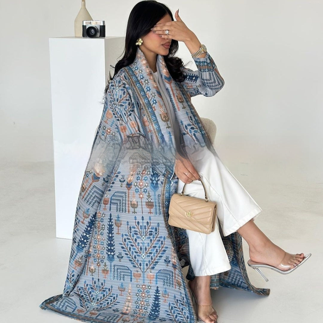 Pleated Trench Djellaba Printed Shawl Cardigan Ethnic Cloak Coat for Middle East Women