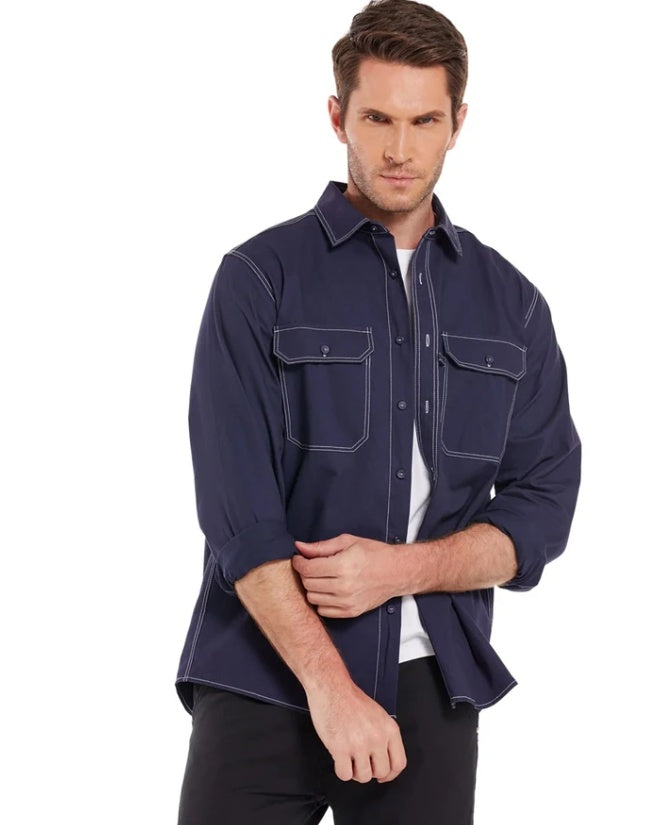 Chemise décontractée en lin à manches longues et col carré pour homme