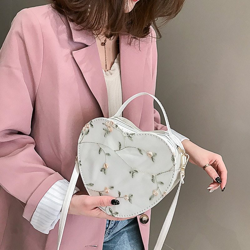 Peach Lace Heart Lock Shoulder Bag for Women 32x23x13cm