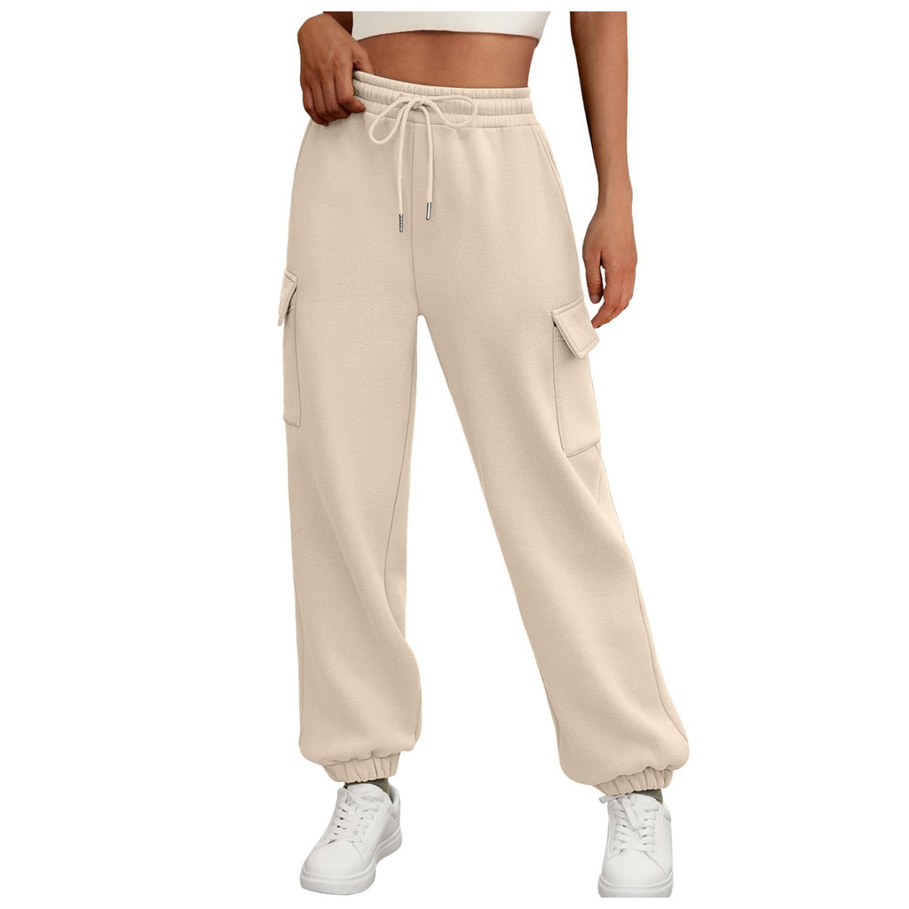 High Waist Casual Straight-Leg Pants with Side Pockets and Elastic Waistband