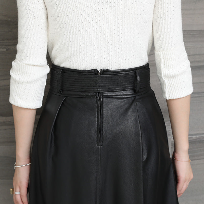 Jupe mi-longue en cuir véritable de mouton pour femme - collection printemps