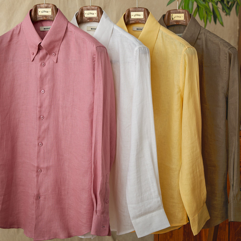 Italian Style Long Sleeve Linen Shirt with Large Pointed Collar