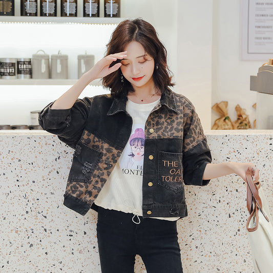 Leopard stitched denim jacket