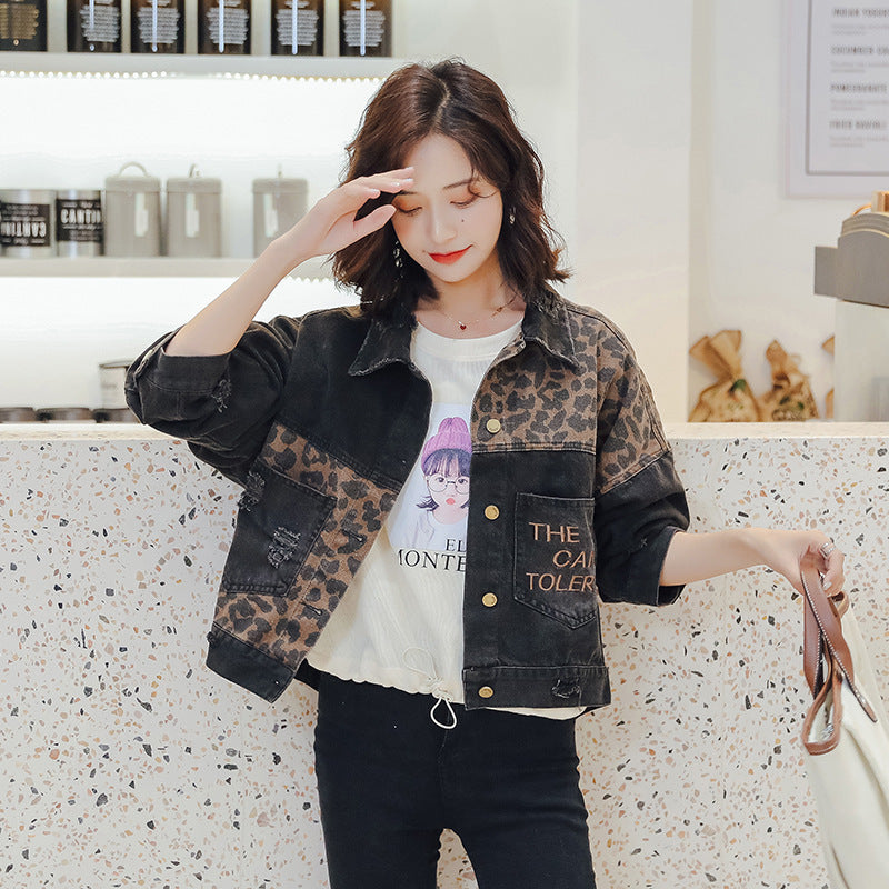 Leopard stitched denim jacket