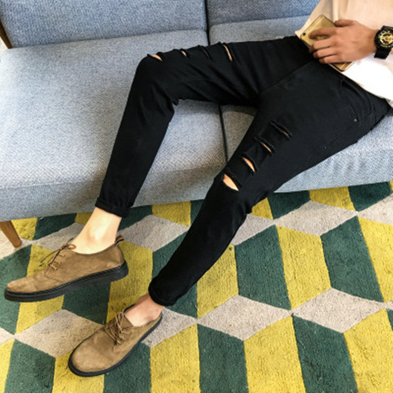 Men's Blue Cotton Denim Ripped Jeans Small Feet Cropped Pants