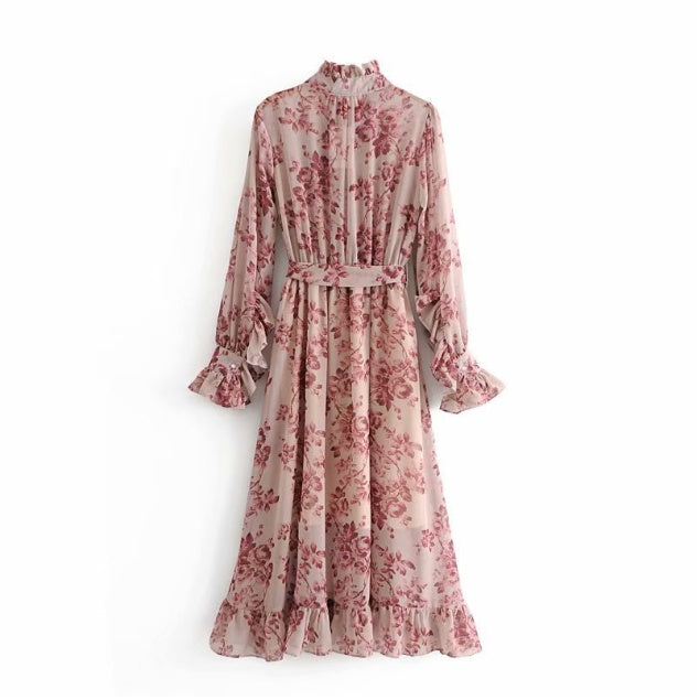 Robe évasée en dentelle en mousseline de polyester à imprimé floral et lavallière