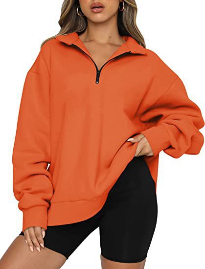 Sweat-shirt zippé femme à col rabattu – Haut pull ample et décontracté
