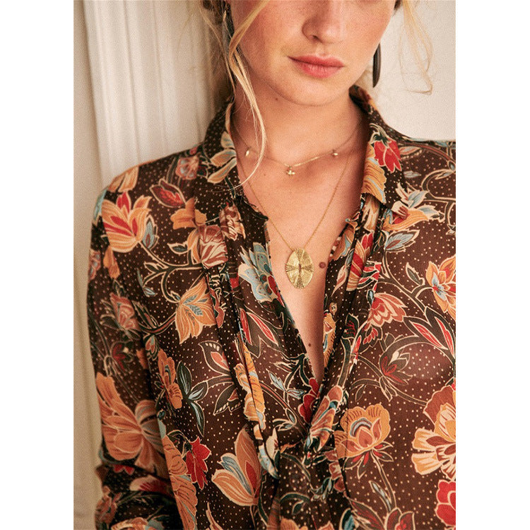 Cardigan à manches longues en rayonne à motif floral rétro français