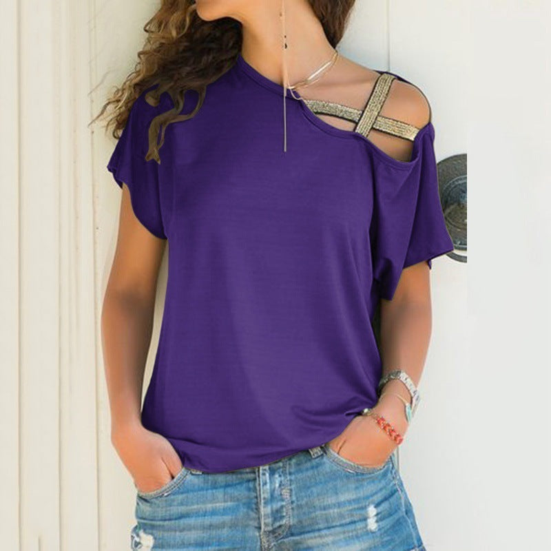 AliExpress Amazon spring and summer explosion models Europe and the United States casual shoulder cross irregular short-sleeved T-shirt women's shirt