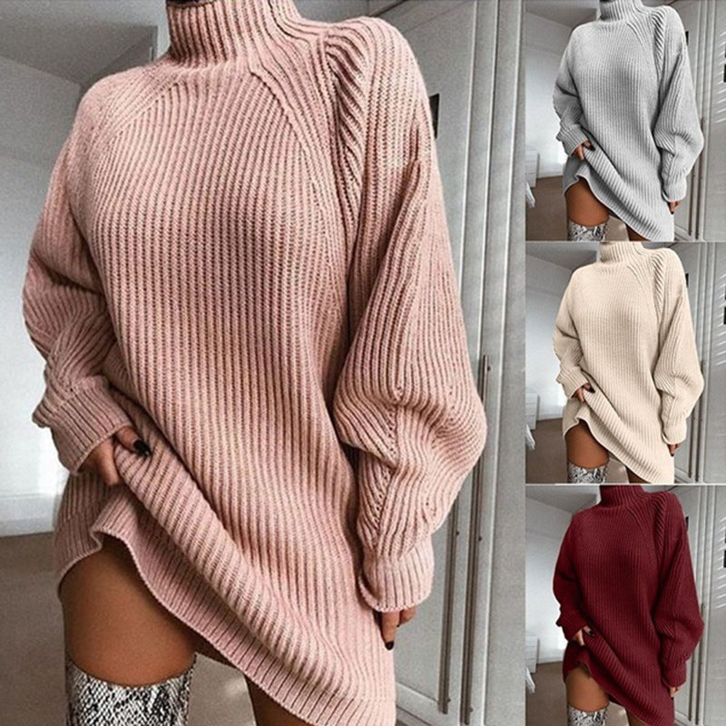 Robe pull mi-longue à col roulé, manches raglan en velours vison