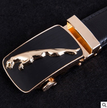 Men's Leather Automatic Buckle Belt 3.55CM Wide with Gold Buckle Head