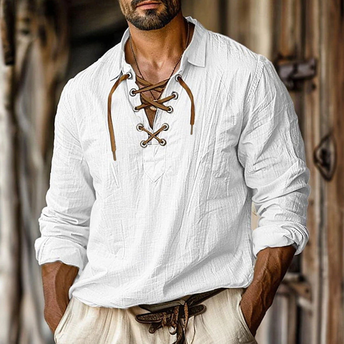 Men's Plus Size Loose Linen Long Sleeve Solid Color Shirt with Lapels