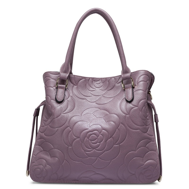 ZENCY Rose Pattern Leather Handbag – Cowhide, Multiple Colors, 30x28x11cm