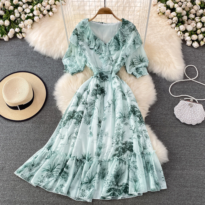 Super Fairy High Waist Slimming Flounce Chiffon Dress