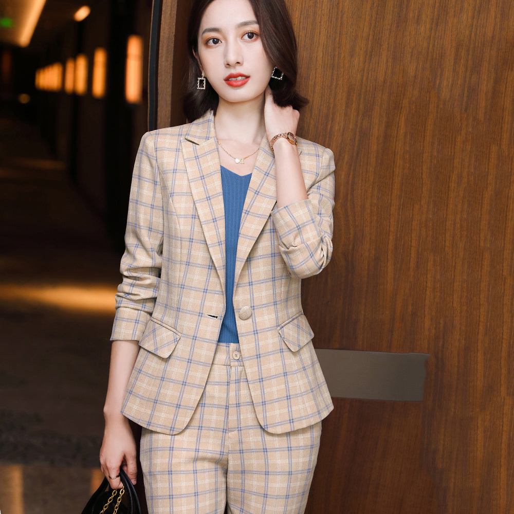 Professional Women's Long-Sleeve Plaid Business Pants Suit