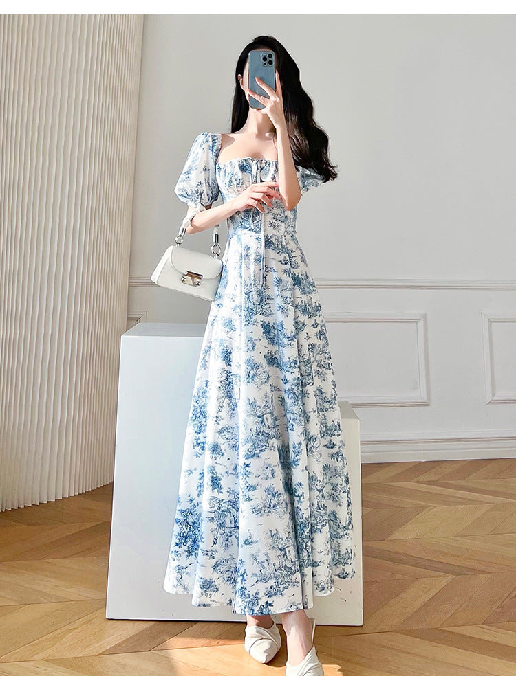 Vintage Floral Square Collar Puff Sleeve Dress in Sky Blue