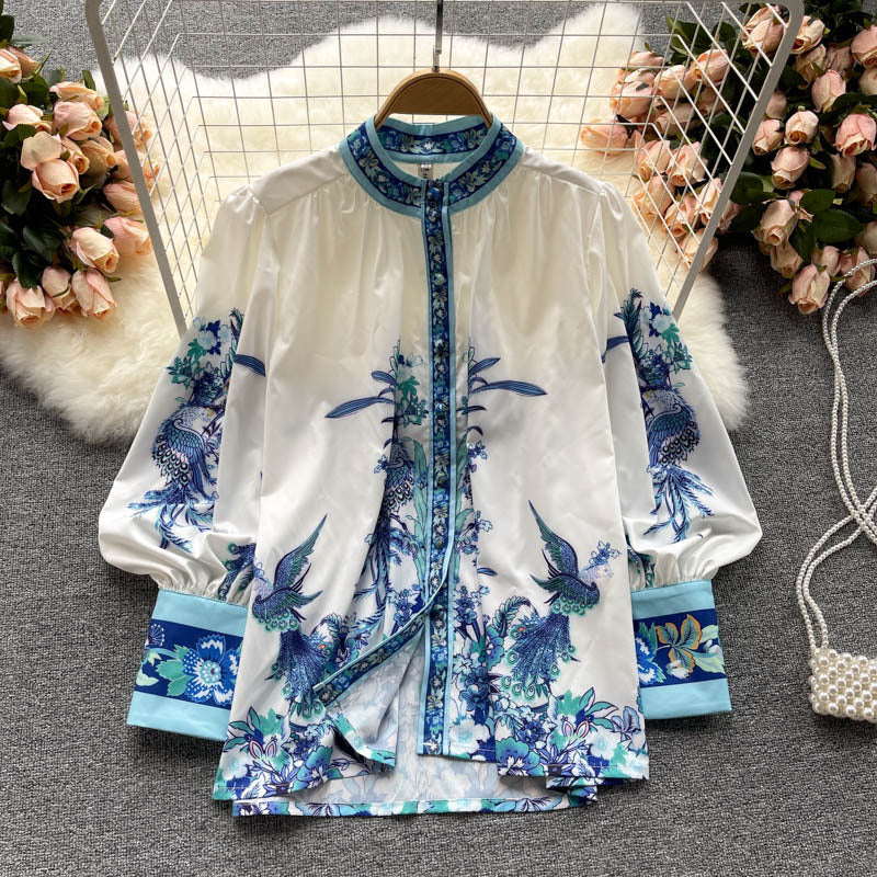 Printed Lantern Sleeve Slim Fit Small Stand-Up Collar Ladies Shirt