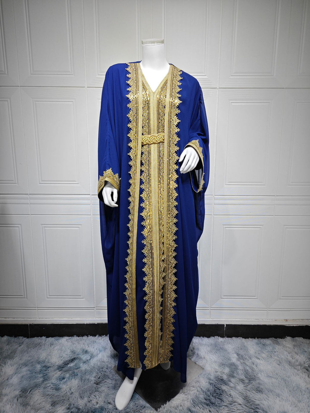 فستان إسلامي من الشيفون الأزرق السماوي مع حزام، مقاسات S-XXL