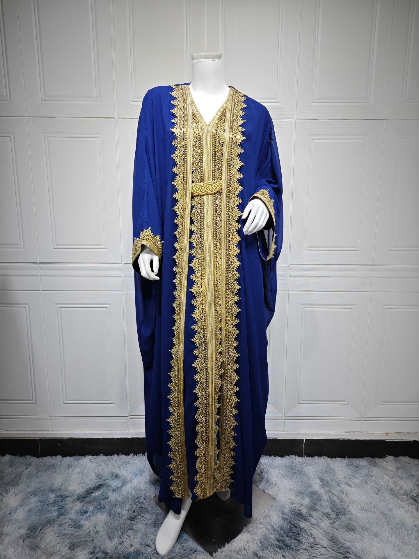 فستان إسلامي من الشيفون الأزرق السماوي مع حزام، مقاسات S-XXL