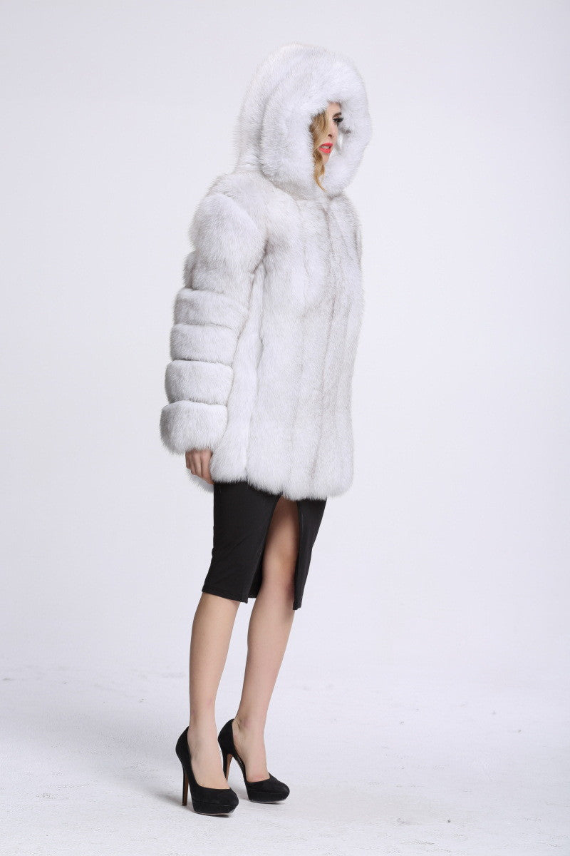 Faux Fox Fur Coat in Black, Grey & White, Sizes S-4XL