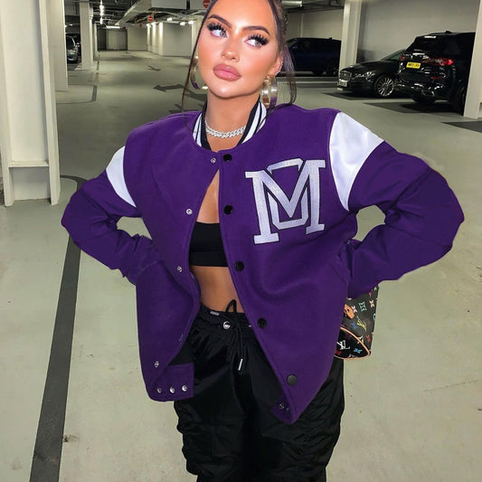 Solid Color Patchwork Letter Offset Baseball Jacket Polyester Fiber