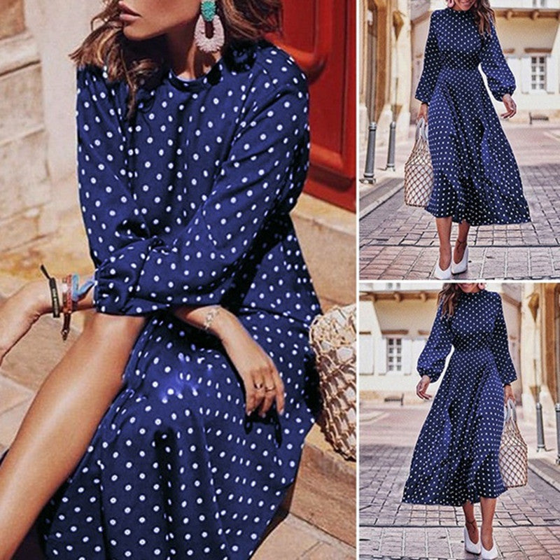 Polka Dot Chiffon Long Sleeve Dress with Elastic Waist