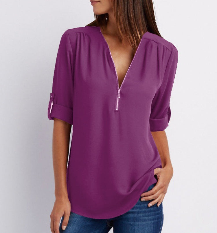 Chemisier ample zippé à col en V et manches courtes pour femme, disponible en plusieurs coloris