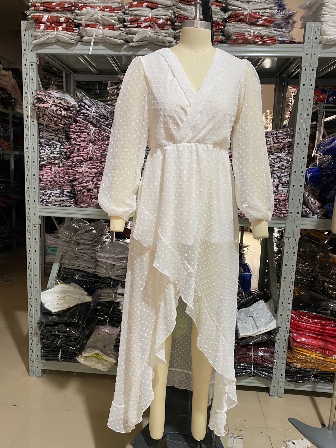 Fashion and elegant dress with waist polka dot V-neck