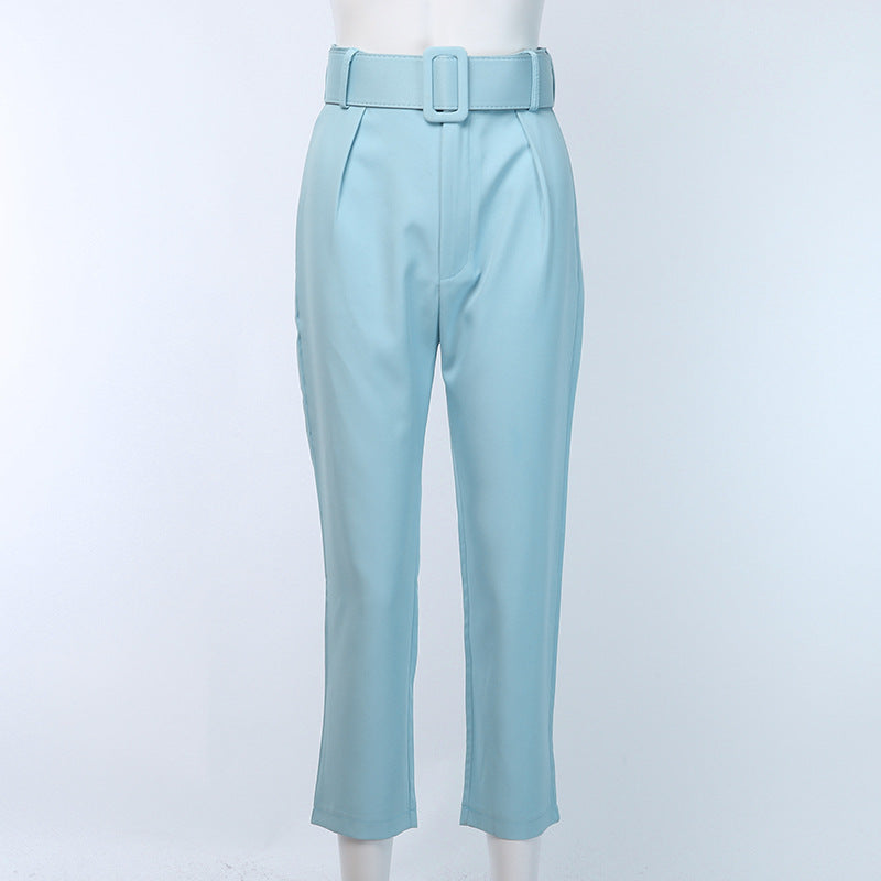 High Waist Slim Solid Color 9-Point Pants